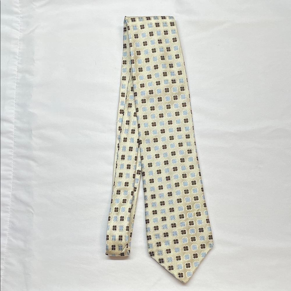 Polifroni Milano Silk Tie Geometric Pattern Beige‎ Blue Brown Luxury Mens